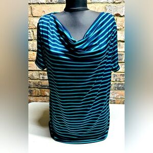 Jaclyn Smith Blouse Womens Size Large Blue Striped Short Sleeve Stretch Neck